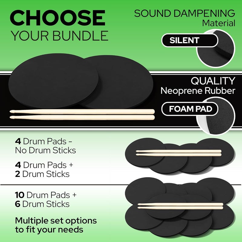 Xcel 4 Drum Practice Pads + 2 Drum Sticks - Portable for Snare, Drum Kits - Non Slip for Stability - 11 Inch Round x 3/8 Inch Thick (4 Drum Pads + 2 Drum Sticks) - Image 4